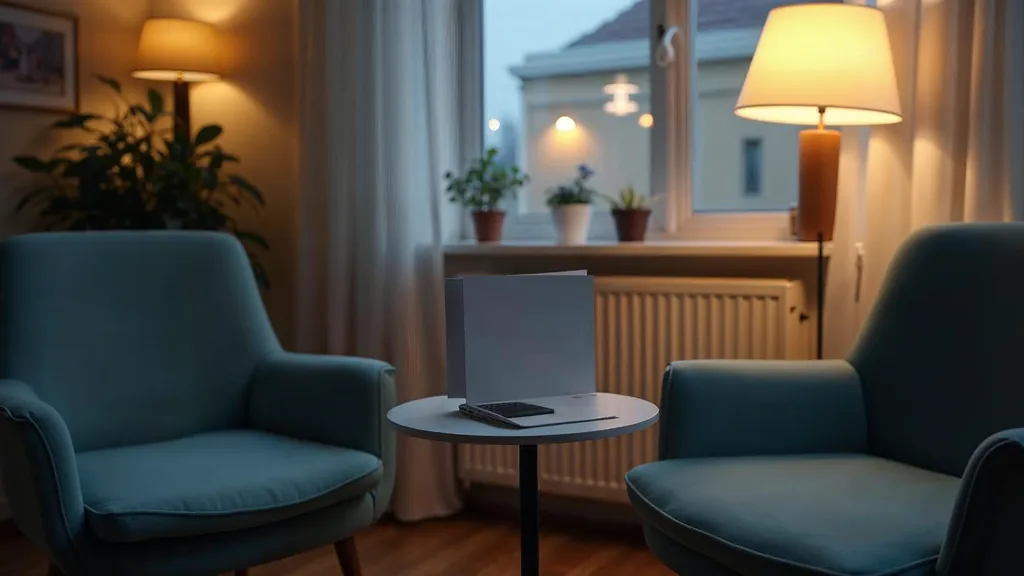 An empty fertility clinic consultation desk at dusk with a blank unbranded treatment schedule, a switched-off tablet, white orchids and a phone off its cradle under one warm lamp
