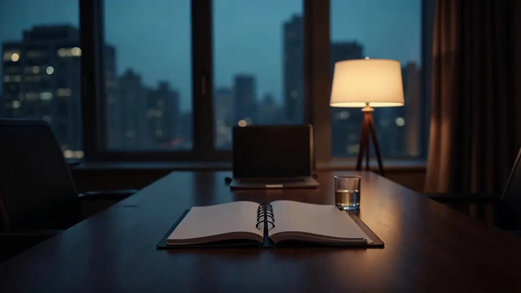 An empty financial adviser office at dusk with a blank unbranded planning document, a fountain pen, a closed laptop and a desk phone off its cradle under one warm lamp