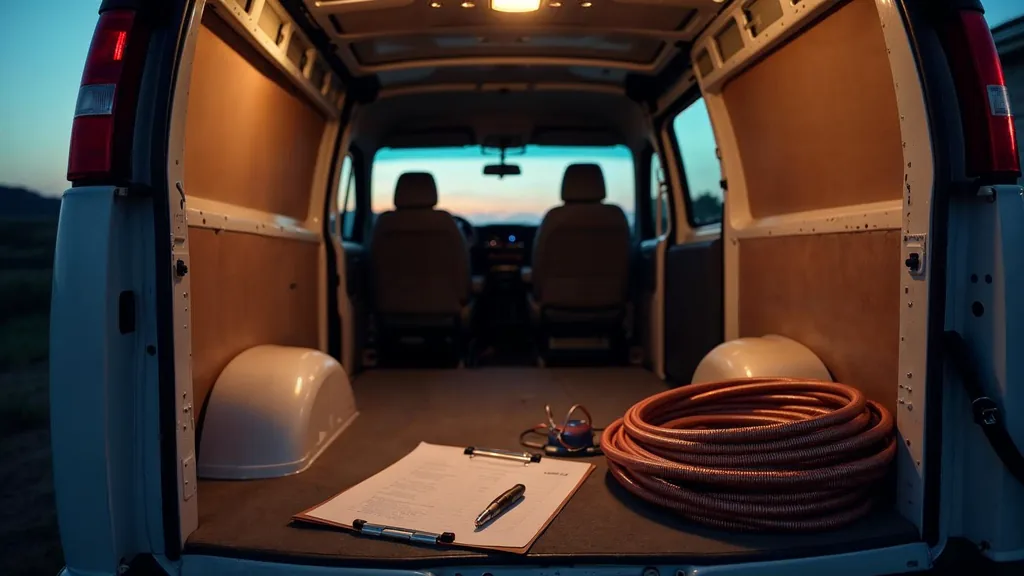 An empty HVAC service van interior at dusk with the rear doors open, coiled copper line sets, a blank unbranded work order on a clipboard and a phone off its cradle under one work lamp