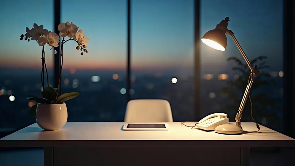 An empty fertility clinic consultation desk at dusk with a blank unbranded treatment schedule, a switched-off tablet, white orchids and a phone off its cradle under one warm lamp