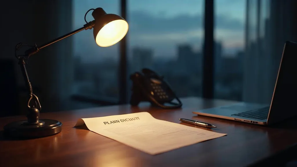 An empty financial adviser office at dusk with a blank unbranded planning document, a fountain pen, a closed laptop and a desk phone off its cradle under one warm lamp