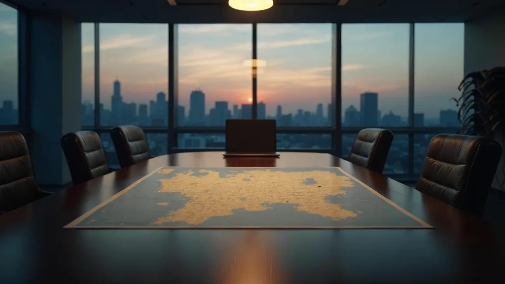 An empty franchise head office meeting room at dusk with a blank unbranded territory map on the table, a closed laptop, stacked chairs and a phone off its cradle under one warm lamp