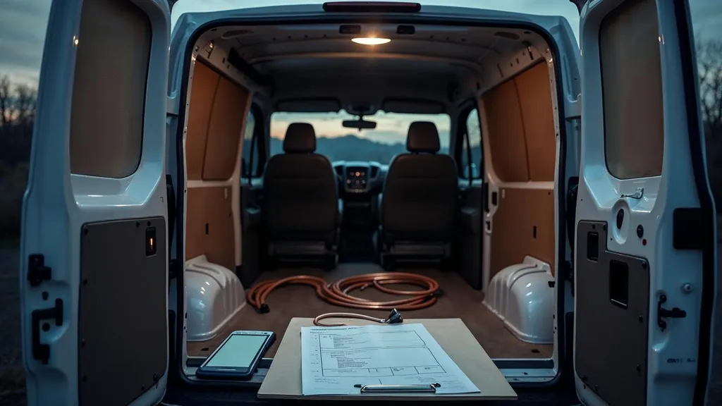 An empty HVAC service van interior at dusk with the rear doors open, coiled copper line sets, a blank unbranded work order on a clipboard and a phone off its cradle under one work lamp