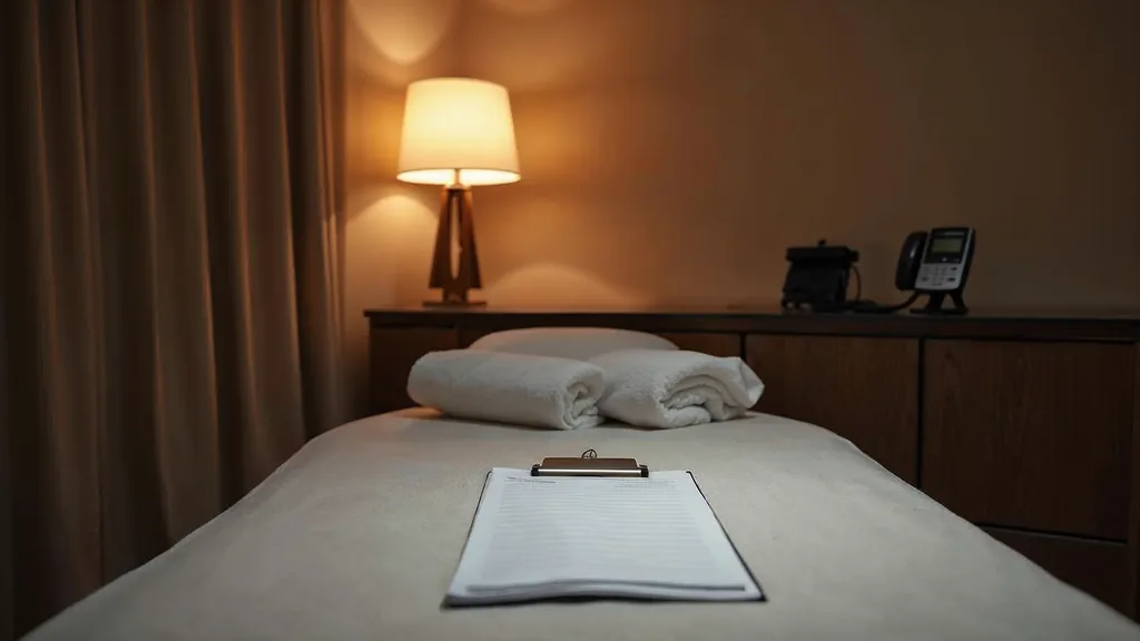 An empty medical spa treatment room at dusk with a blank unbranded consultation form, folded white towels, a switched-off device screen and a phone off its cradle under one warm lamp