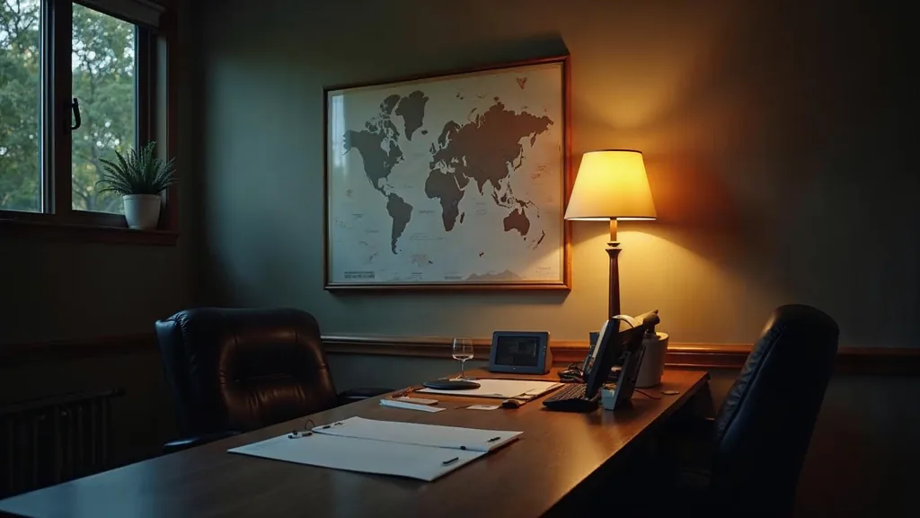 An empty franchise home-services office at dusk with a wall map of unmarked pins, blank unbranded territory paperwork, a switched-off monitor and one warm lamp