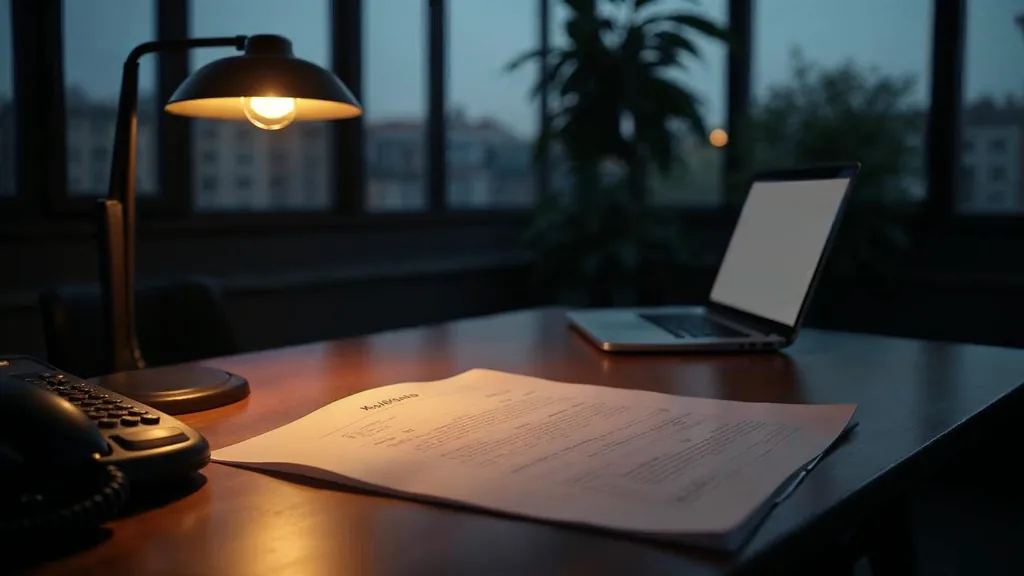 An empty mortgage brokerage office at dusk with a blank unbranded loan application on the desk, a closed laptop, a desk phone off its cradle and one warm lamp