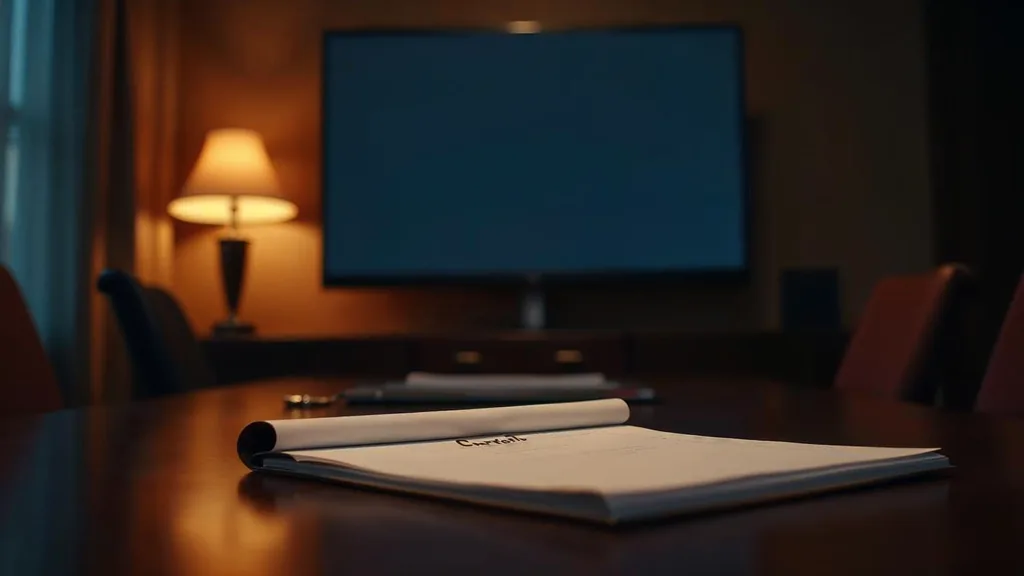 An empty law firm conference room at dusk with a blank unbranded legal pad and a closed case file on the table, a switched-off screen and one warm lamp