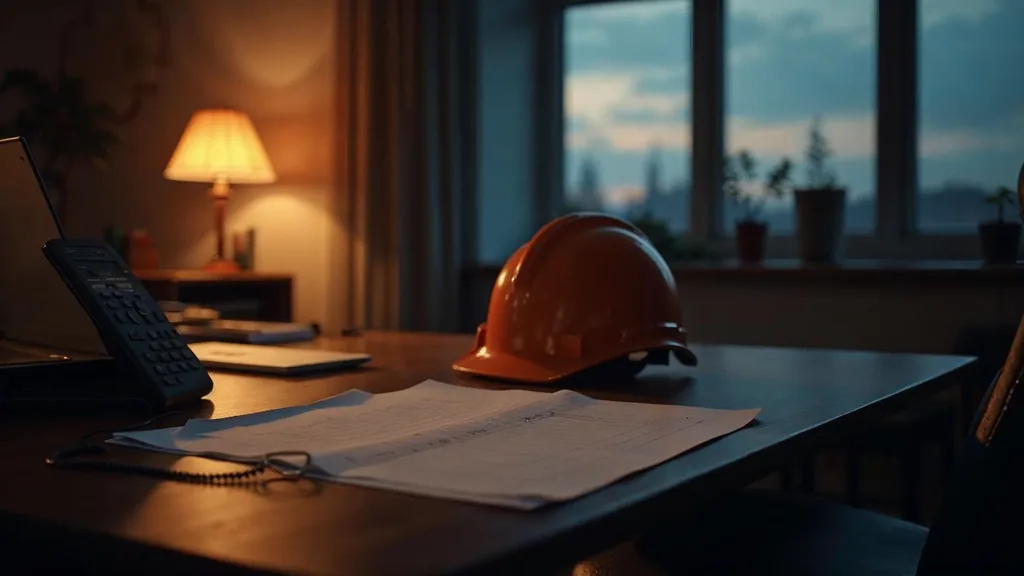 An empty roofing contractor office at dusk with a blank unbranded estimate pad and a hard hat on the desk, a closed laptop, a phone off its cradle and one warm lamp