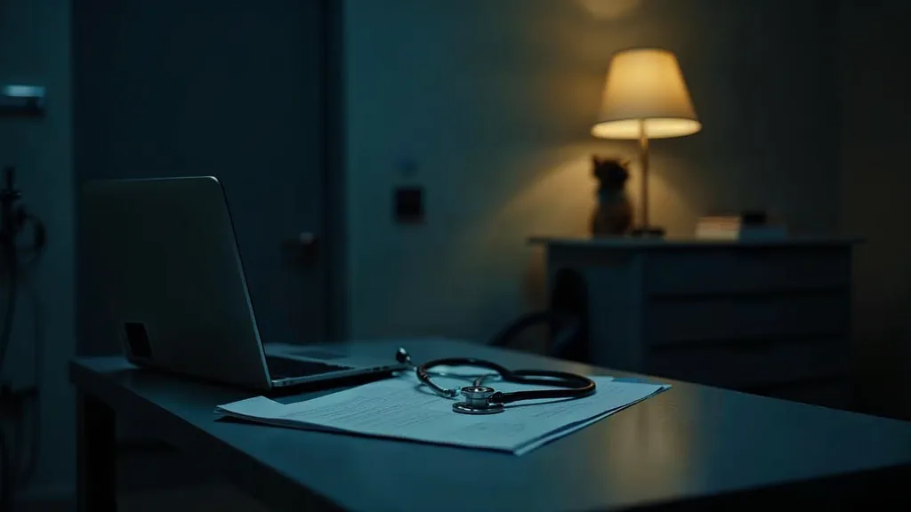 An empty veterinary clinic exam room at dusk with a blank unbranded chart on the table, a stethoscope, a closed laptop and one warm lamp