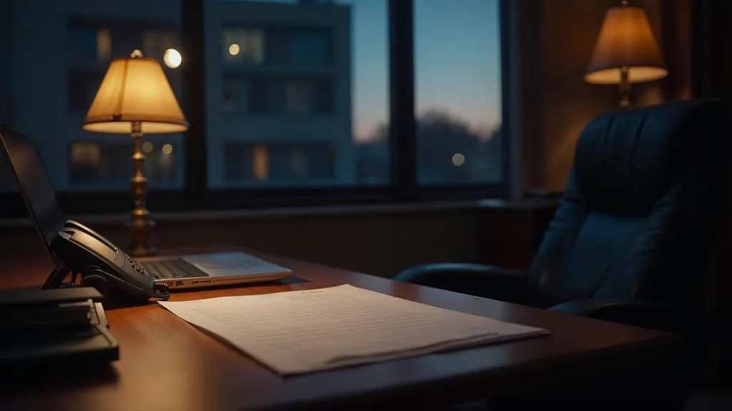 An empty mortgage broker office at dusk with a blank unbranded loan application form on the desk, a closed laptop, a desk phone off its cradle and one warm amber lamp