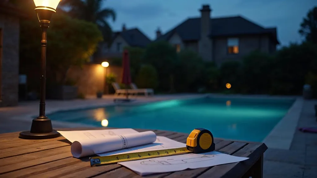 An empty backyard at dusk beside a finished swimming pool with a blank unbranded plan roll and a folded tape measure on a patio table under one warm lamp