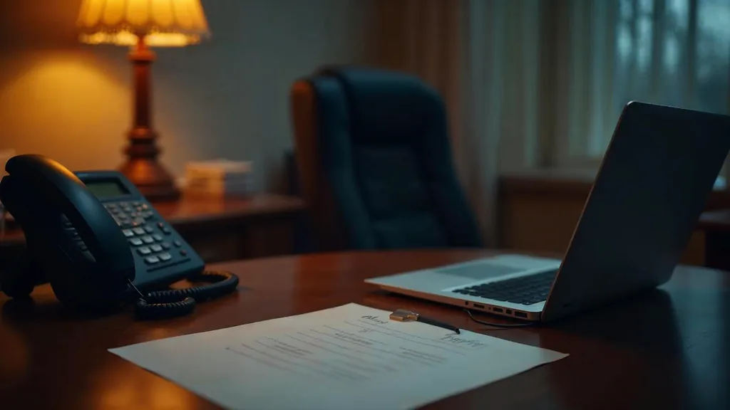 An empty treatment centre intake office at dusk with a blank unbranded intake form on the desk, a phone off its cradle, a closed laptop and one warm amber lamp