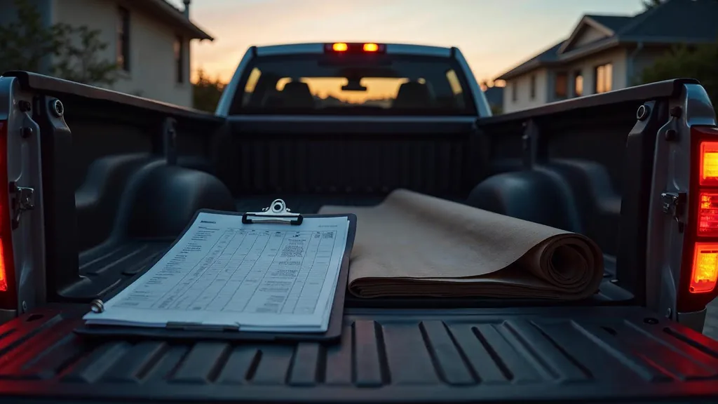 An empty roofing contractor yard at dusk with a pickup tailgate holding a blank unbranded estimate clipboard, a coil of underlayment and one warm amber work light