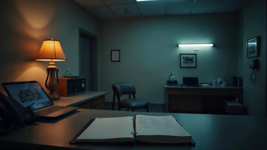An empty veterinary clinic reception at dusk with a blank unbranded appointment book on the counter, a phone off its cradle, a closed laptop and one warm amber lamp