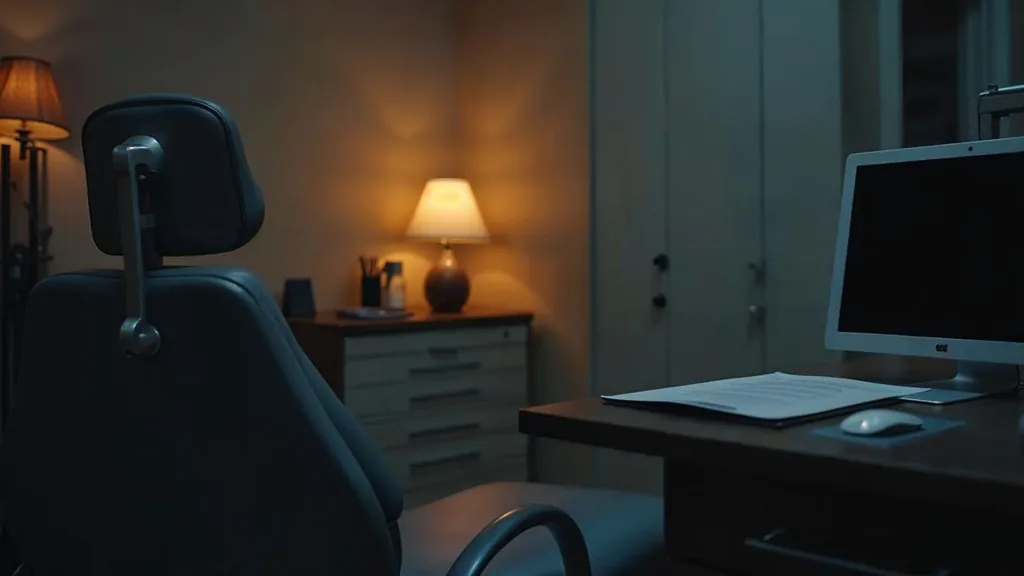 An empty dental practice consultation room at dusk with a blank unbranded intake form on a small desk, a closed laptop, a switched-off monitor and one warm amber lamp
