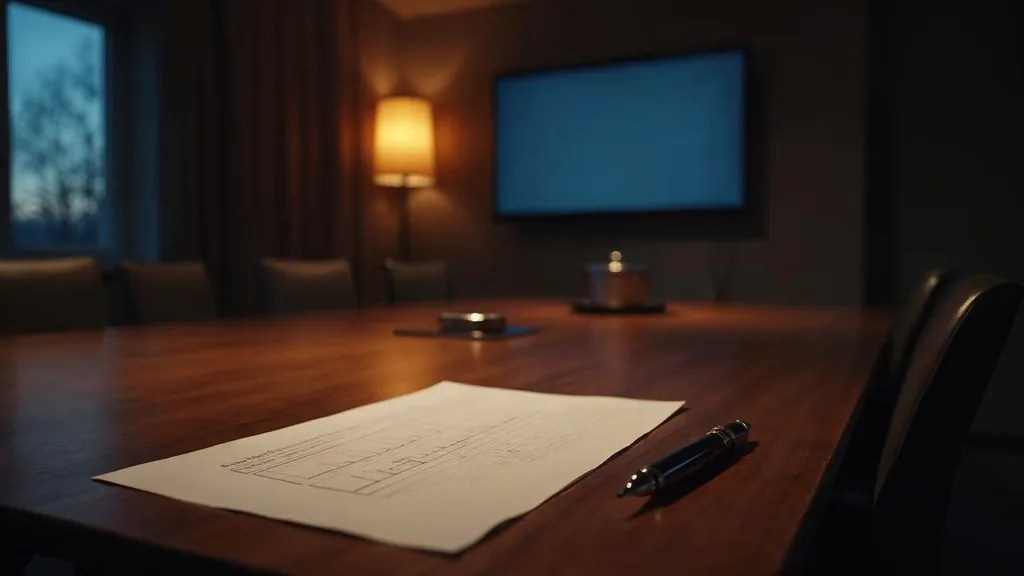 An empty financial advisor meeting room at dusk with a blank unbranded consultation form and a closed pen on a wooden table, a switched-off wall screen and one warm amber lamp