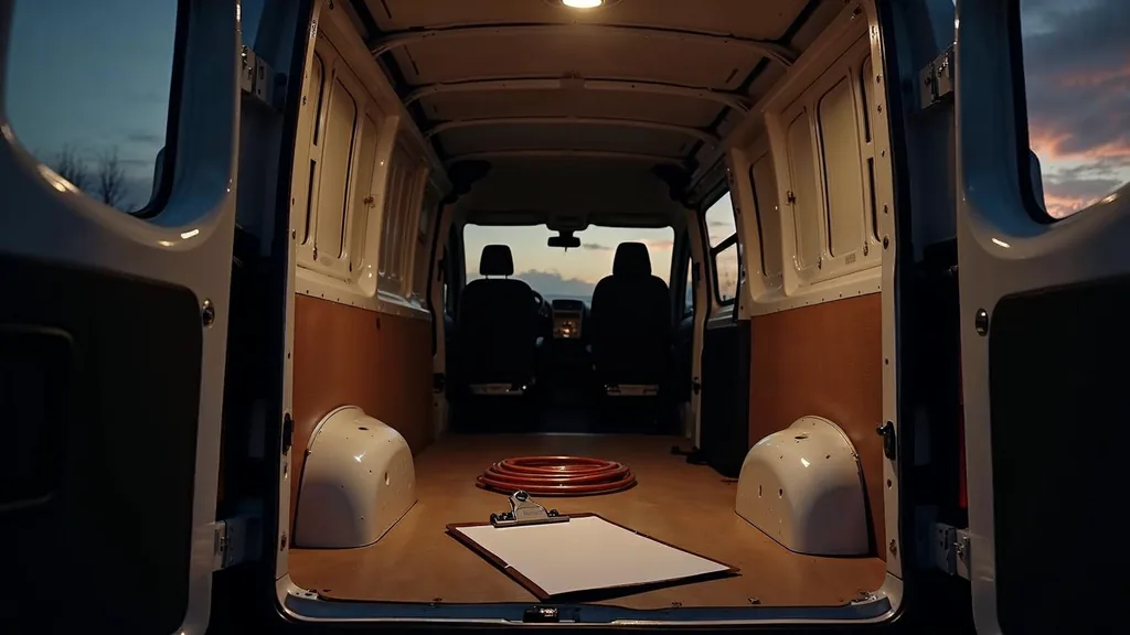 An open HVAC contractor van at dusk with a blank unbranded service clipboard on the floor, coiled copper line sets and one warm amber work light