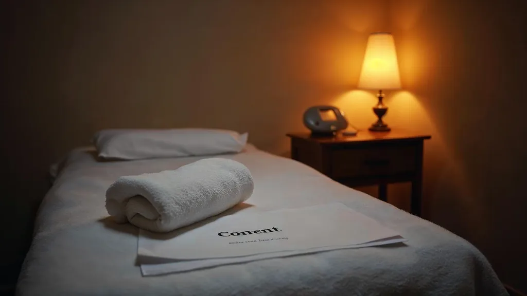 An empty medical spa treatment room at dusk with a folded white towel and a blank unbranded consent form on a clean counter, a switched-off treatment device and one warm amber lamp