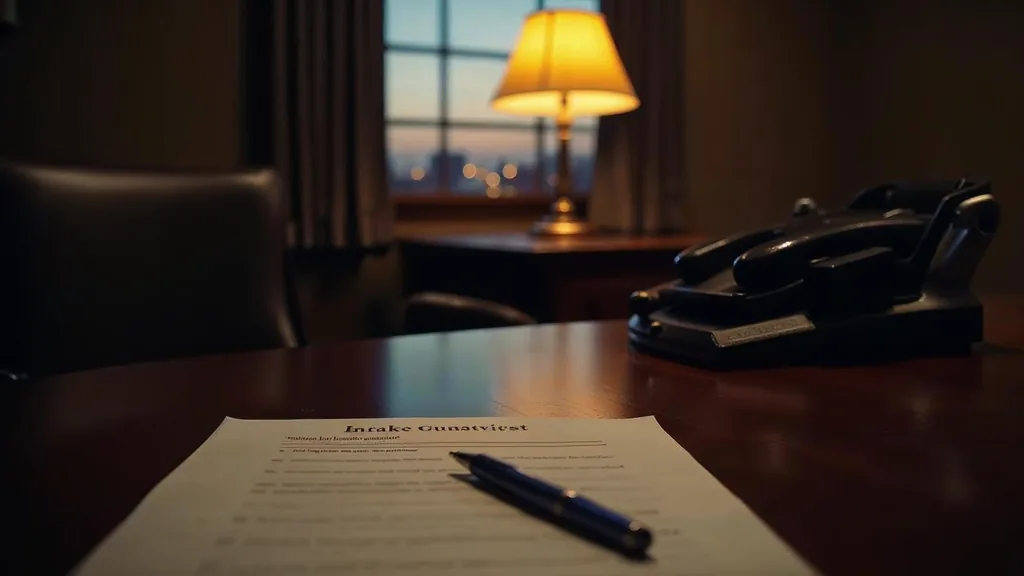 An empty law firm intake room at dusk with a blank unbranded intake questionnaire and a closed pen on a polished table, a desk phone off its cradle and one warm amber lamp