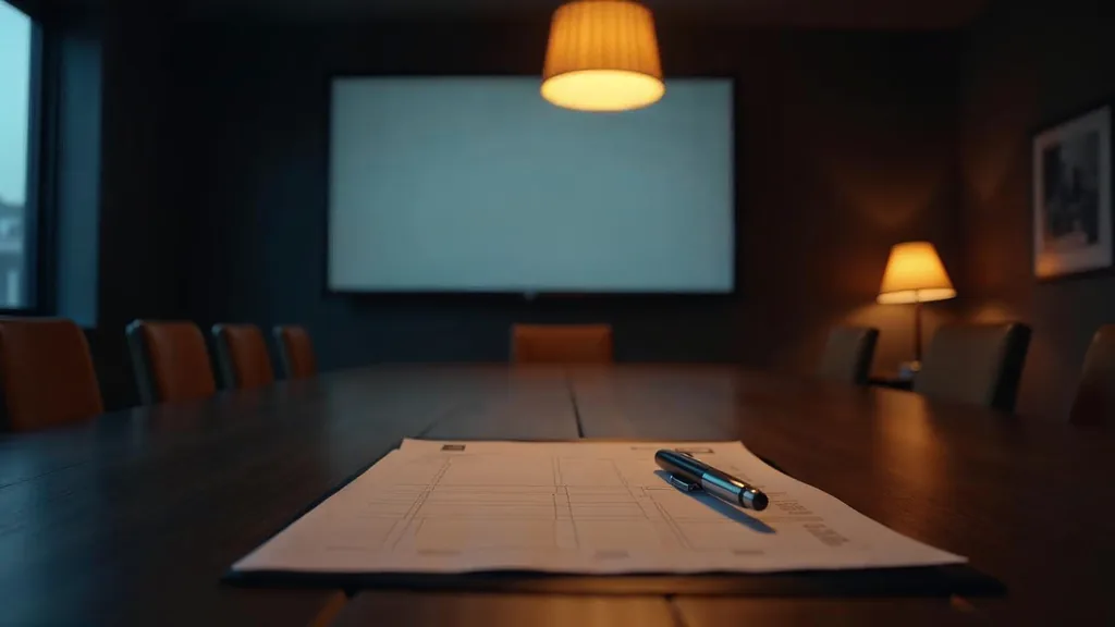 An empty franchise brand boardroom at dusk with a blank unbranded application form and a closed pen on a long table, a switched-off wall screen and one warm amber lamp