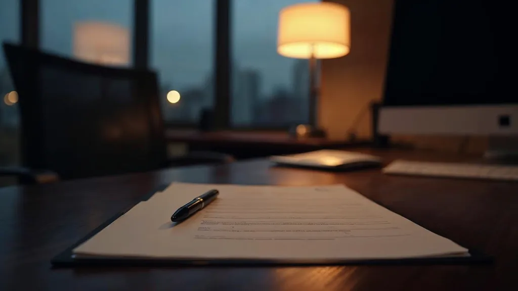 An empty mortgage broker office at dusk with a blank unbranded application form and a closed pen on a desk, a switched-off monitor and one warm amber lamp