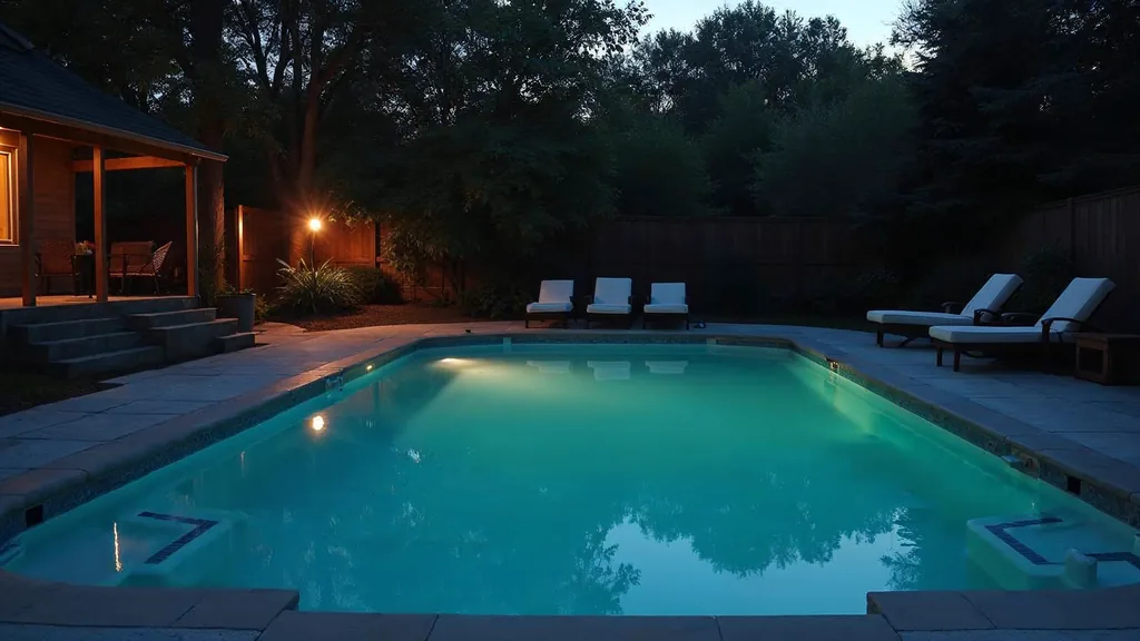 A still backyard swimming pool at dusk with unlit patio furniture stacked to one side and one warm amber garden light