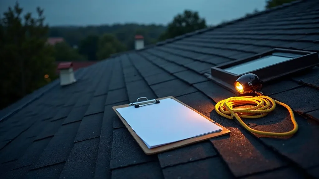 An empty residential roof at dusk after rain with a coiled safety line and a blank unbranded inspection clipboard resting on new shingles under one warm amber work light