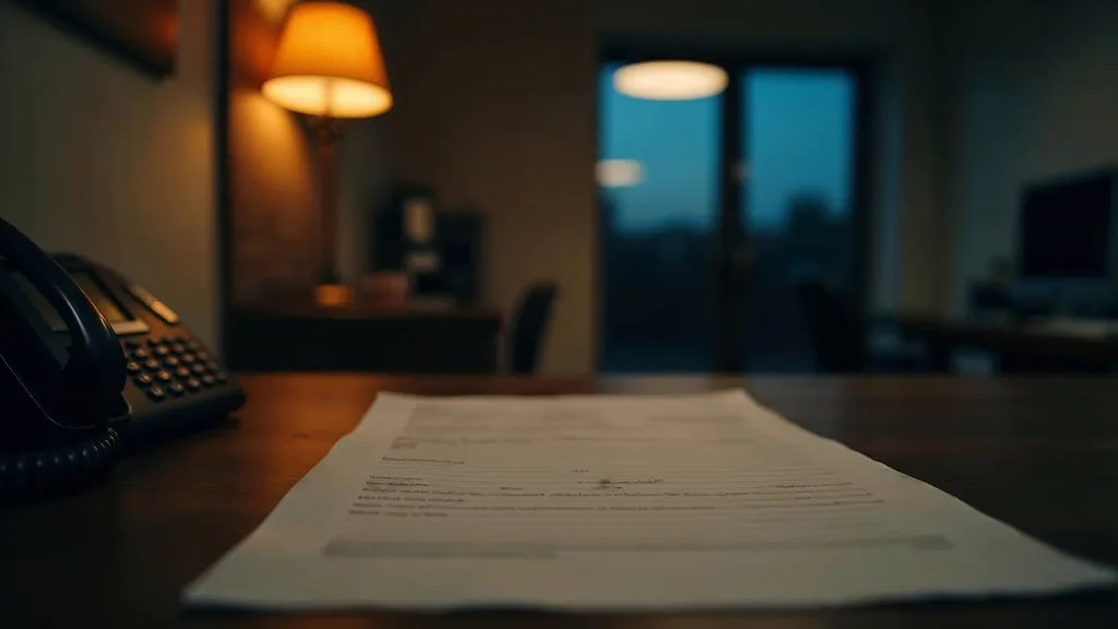 An empty treatment centre reception at dusk with a blank unbranded intake form on a counter, a desk phone off its cradle and one warm amber lamp