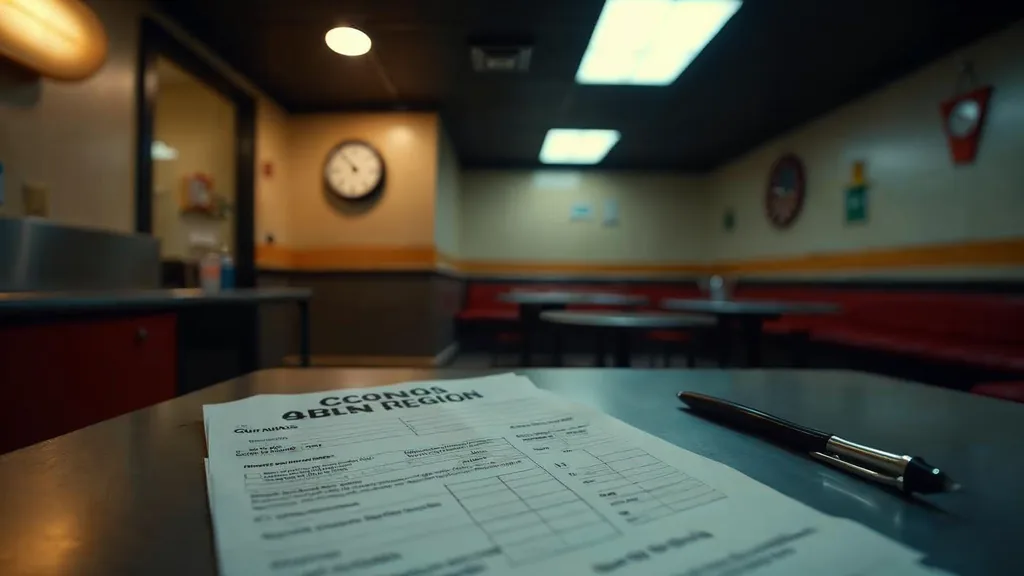 An empty quick-service restaurant crew room after closing with a blank unbranded job application on a steel table, a punch clock on the wall and one warm amber ceiling light