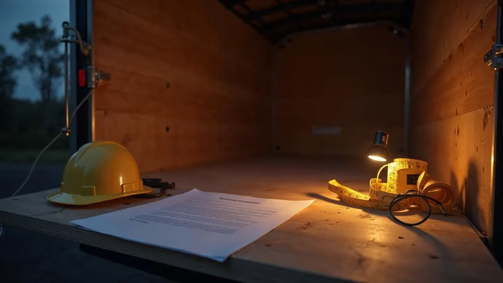 An empty roofing contractor jobsite trailer at dusk with a blank unbranded hiring application on a plywood desk, a hard hat and coiled measuring tape and one warm amber work light