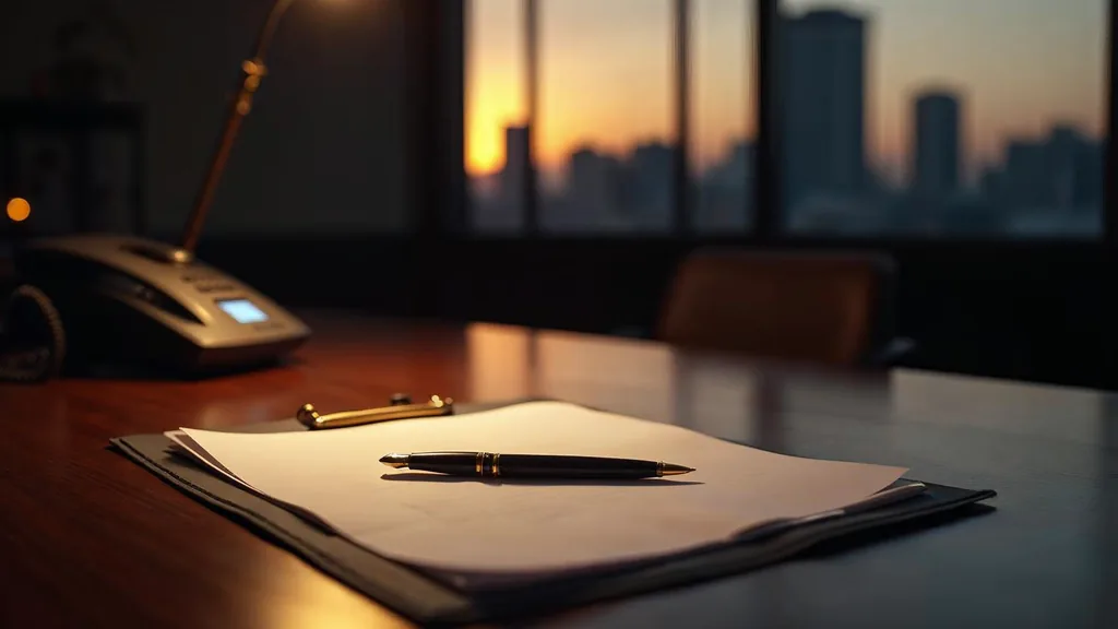 An empty financial advisory office at dusk with a blank unbranded recruiting agreement and a closed fountain pen on a walnut desk, a desk phone off its cradle and one warm amber lamp