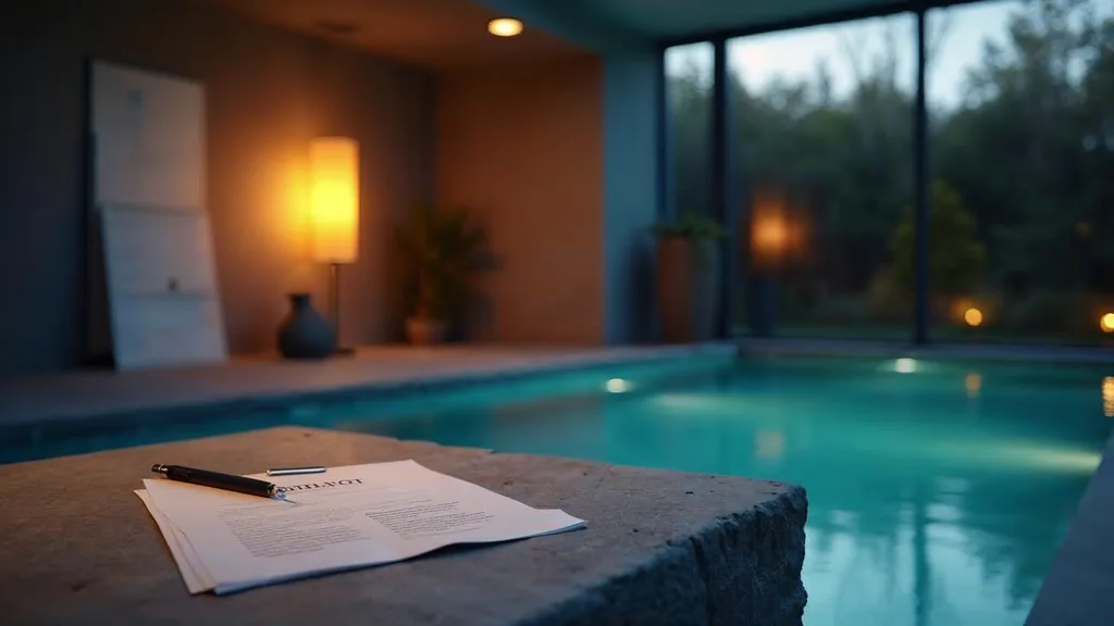 An empty swimming pool showroom office at dusk with a blank unbranded project proposal on a concrete desk, a tile sample board on the wall and one warm amber lamp