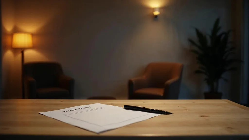 An empty treatment centre reception at dusk with a blank unbranded intake form on a light wood counter, a single armchair in shadow and one warm amber lamp