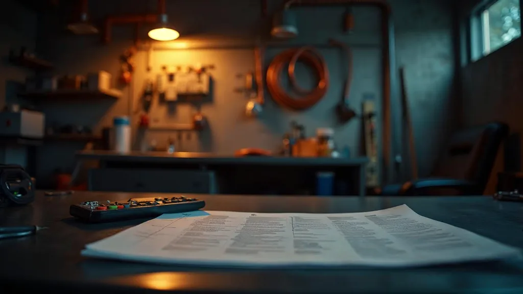 An empty HVAC contractor shop office at dusk with a blank unbranded job application on a steel desk, a service van key board on the wall and one warm amber work light