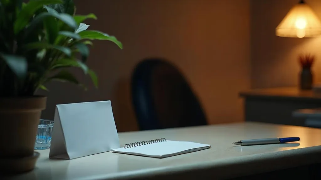 An empty dental practice front office at dusk with a blank unbranded appointment card on a pale stone counter, a sterilised instrument tray and one warm amber lamp