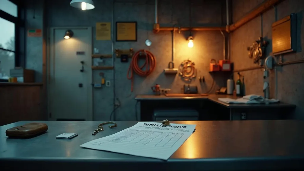 An empty HVAC contractor shop office at dusk with a blank unbranded service ticket on a steel desk, a van key board and a coiled copper line set on the wall under one warm amber work light