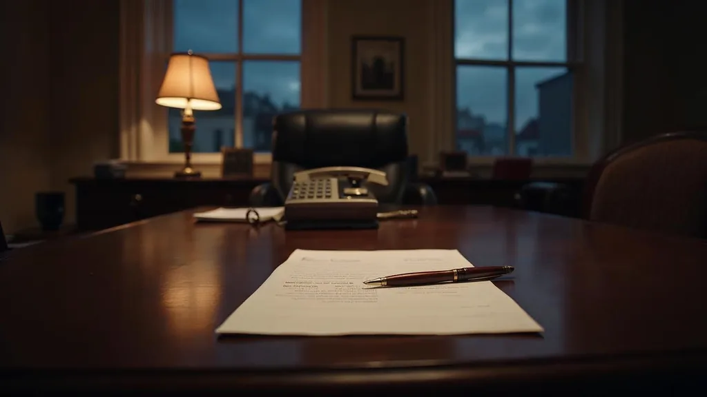 An empty law office conference room at dusk with a blank unbranded intake questionnaire on a dark walnut table, a stack of case files, a desk phone off the cradle and one warm amber lamp