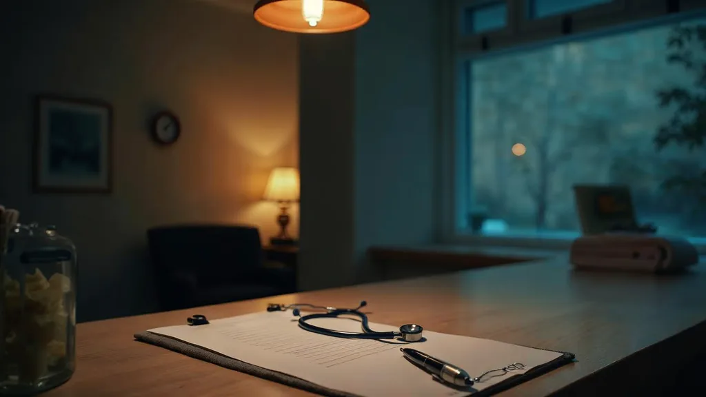 An empty veterinary clinic reception at dusk with a blank unbranded patient chart on a light wood counter, a stethoscope and a folded towel beside one warm amber lamp
