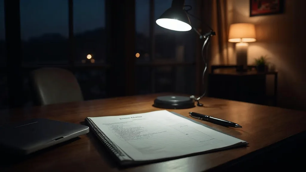 An empty financial advisory office at dusk with a blank unbranded client questionnaire on a dark oak desk, a printed portfolio statement face down and one warm amber lamp