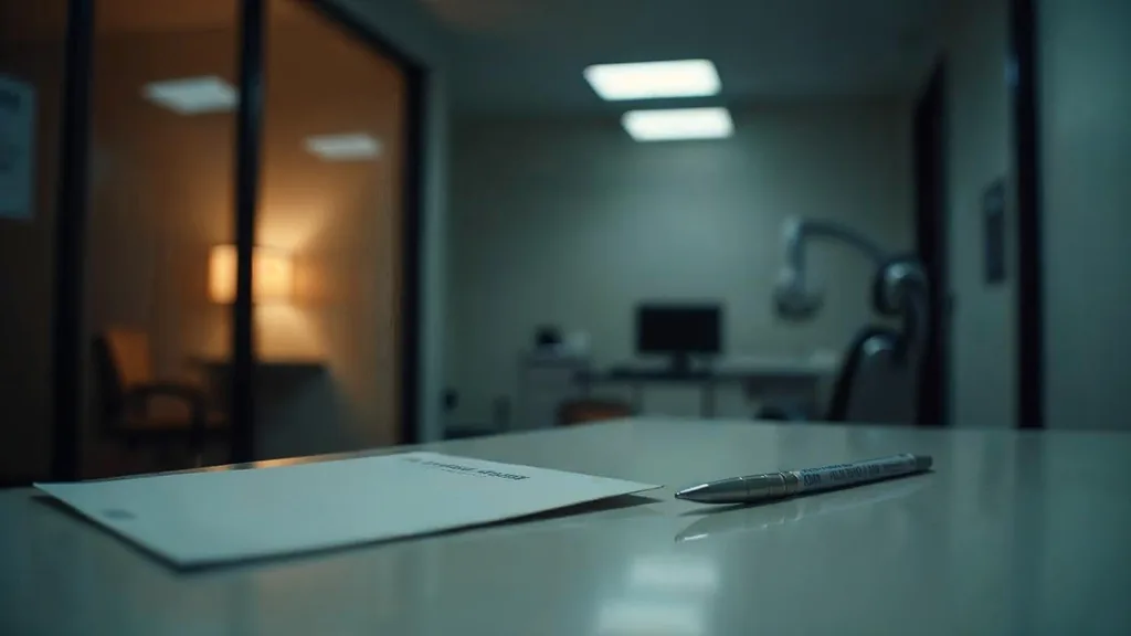 An empty dental practice front office at dusk with a blank unbranded appointment card on a pale counter, a dimmed operatory light behind glass and one warm amber lamp