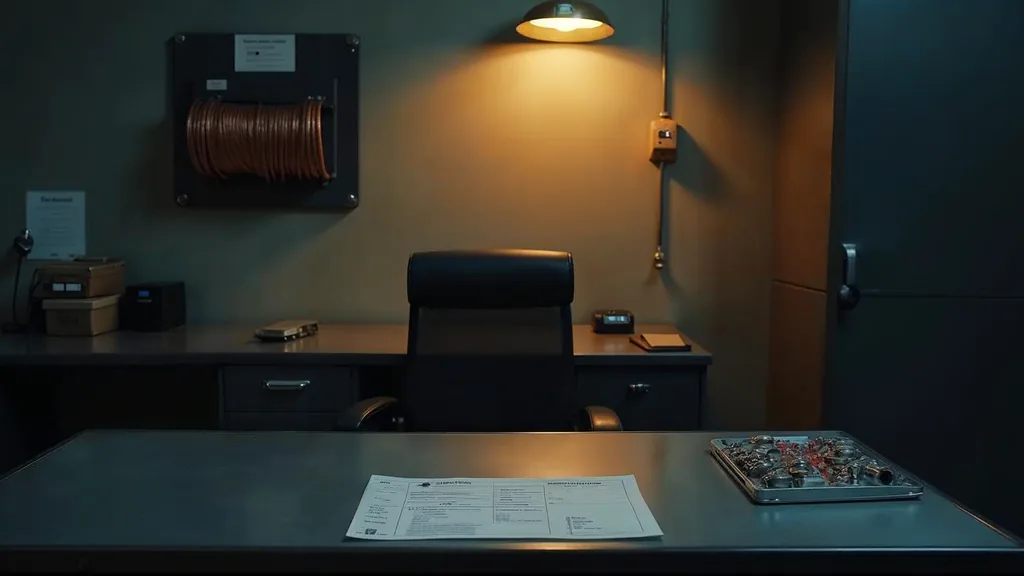 An empty HVAC contractor dispatch office at dusk with a blank unbranded service ticket on a steel desk, a van key board and a coiled copper line set on the wall, and one warm amber work light