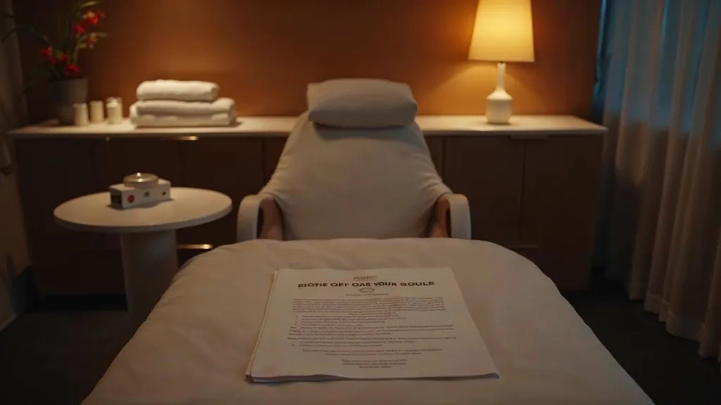 An empty medical spa treatment room at dusk with a blank unbranded consultation form on a white counter, folded towels and an unbranded device arm in shadow, and one warm amber lamp
