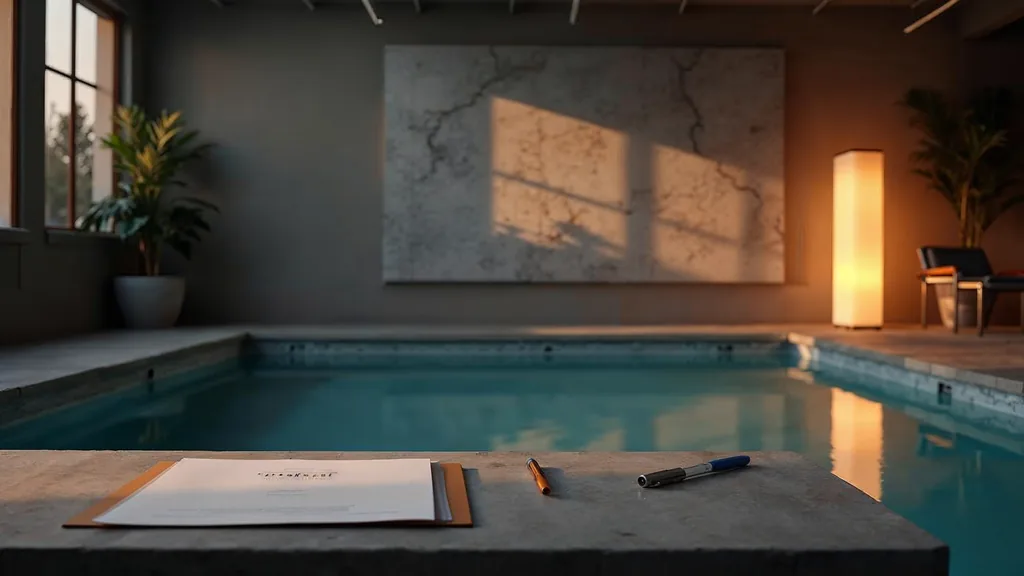 An empty pool builder showroom office at dusk with a blank unbranded build proposal on a concrete desk, a tile sample board and a rolled site plan on the wall, and one warm amber lamp