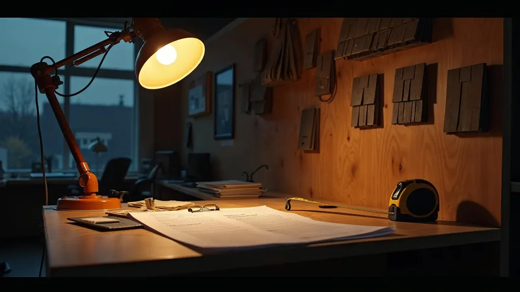 An empty roofing contractor office at dusk with a blank unbranded estimate form on a plywood desk, shingle sample squares and a coiled harness on the wall, and one warm amber work light