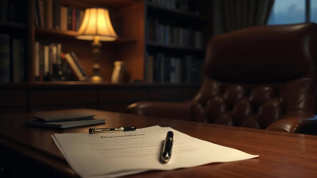 An empty financial advisory office at dusk with a blank unbranded client questionnaire and a closed fountain pen on a walnut desk, a leather chair and a shelved binder wall in shadow, and one warm amber lamp