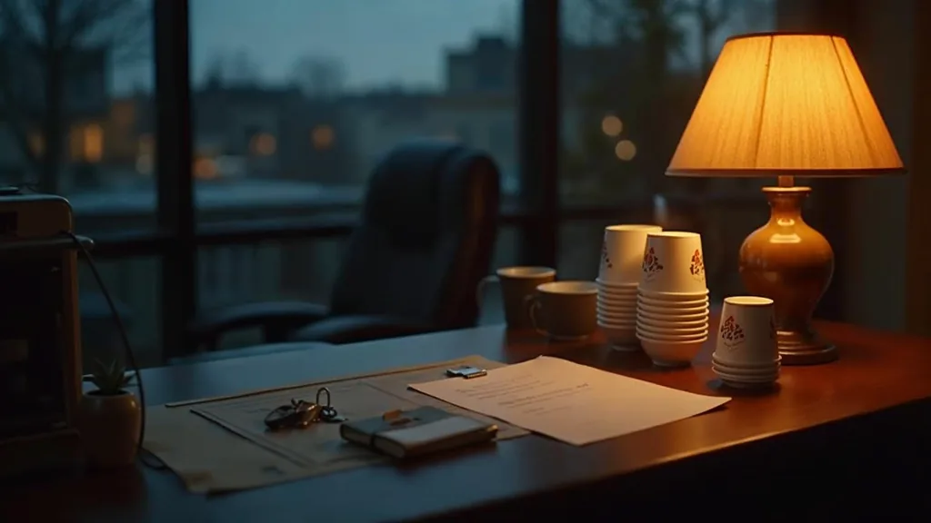 An empty franchise back office at dusk with a blank unbranded location opening checklist and a ring of keys on a laminate desk, a folded floor mat and stacked cups in shadow, and one warm amber lamp