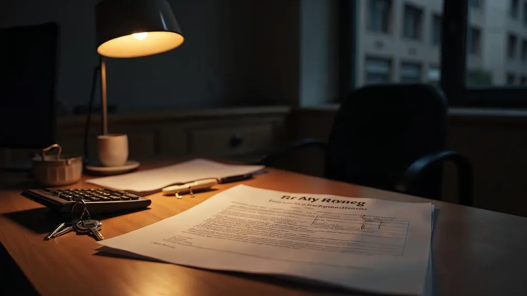 An empty mortgage brokerage office at dusk with a blank unbranded loan application form and a closed calculator on a plain oak desk, house keys on a paper clip, filing drawers in shadow, and one warm amber lamp