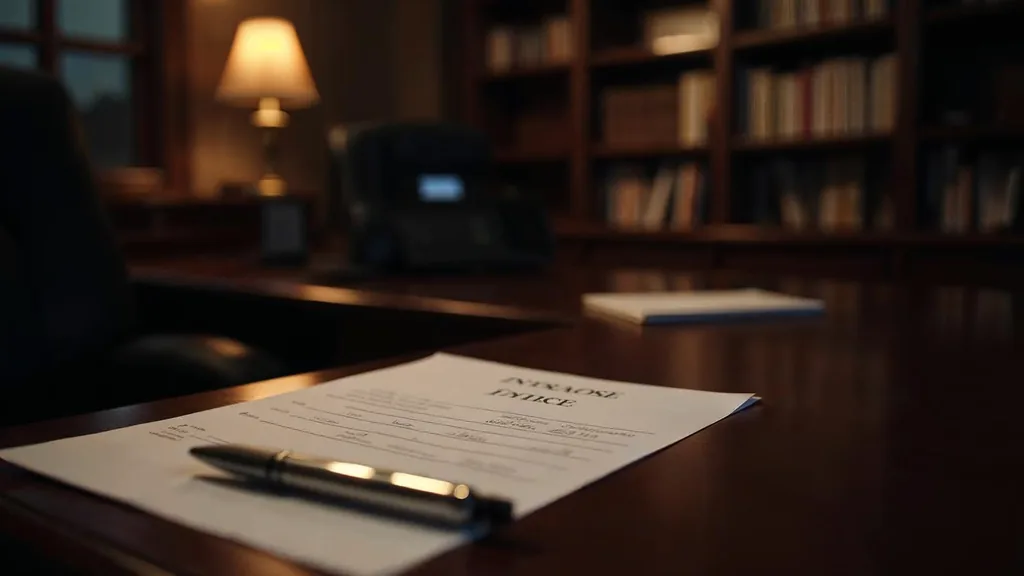 An empty personal injury law office at dusk with a blank unbranded intake form and a closed pen on a dark walnut desk, a telephone off its cradle, shelved law reports in deep shadow and one warm amber lamp