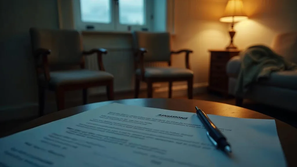 An empty treatment centre intake room at dusk with a blank unbranded admissions form and a closed pen on a plain desk, two empty chairs facing each other, a folded blanket on a bench in shadow and one warm amber lamp