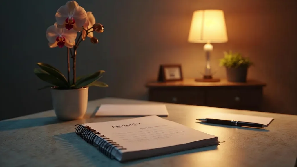 An empty fertility clinic consultation room at dusk with a blank unbranded information booklet on a pale stone desk, a folded appointment card and one warm amber lamp